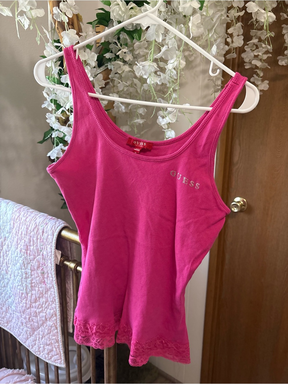 GUESS Y2K Pink Lace-Hem Ribbed Tank Top SET